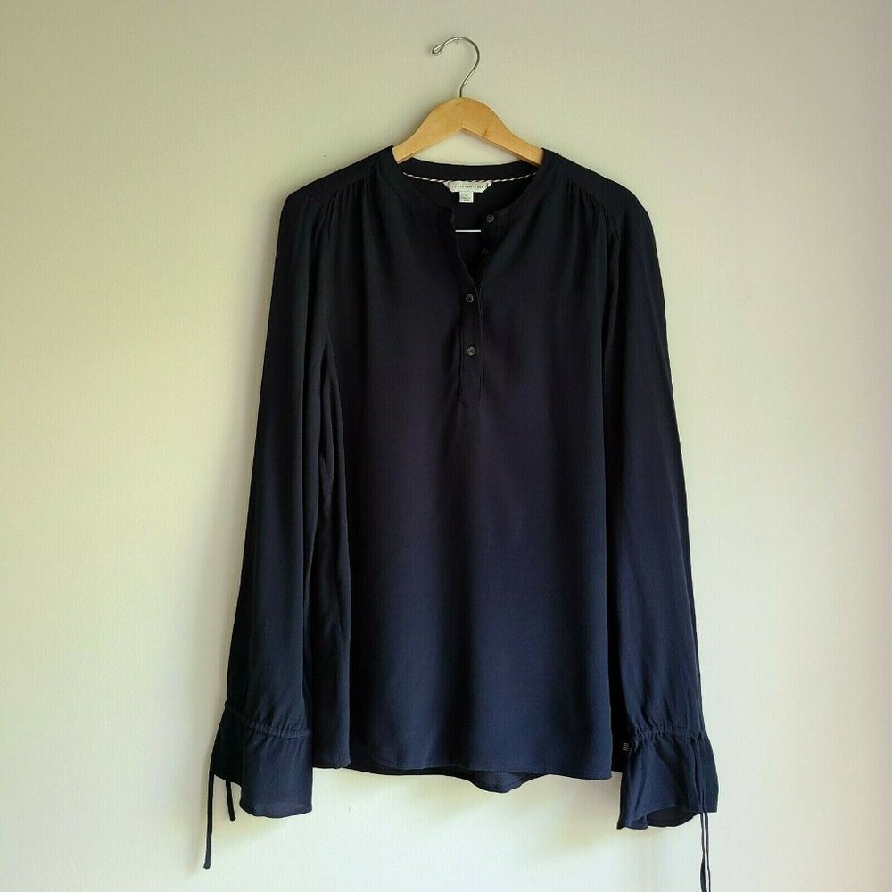 TOMMY HILFIGER Navy Blue Tie Cuff Blouse - 12